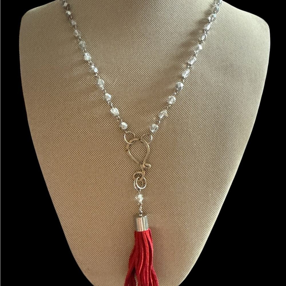 Crystal Bead Lariat Necklace with Red Tassel